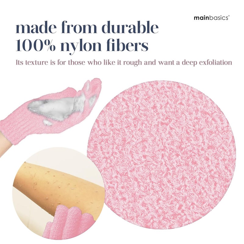 MainBasics Deep Exfoliating Bath Gloves - Heavy-Textured Nylon Shower Scrub for Dead Skin Removal - Machine Washable (1 Pair, Soft Pink) - Image 3